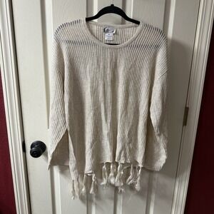 Ctkin Knit Sweater Fringe Trim Cream Beige Loose Fit Women's M